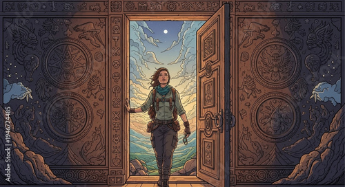 Adventurer Stepping Through a Portal to a New World.