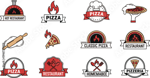 Set of pizza restaurant and pizzeria logos featuring wood fired ovens flames rolling pins and pizza slices in retro red and black cartoon style.