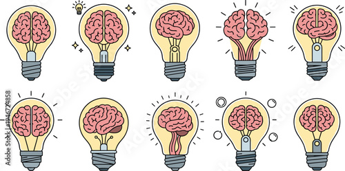 Brain inside light bulb concept icons creativity intelligence thinking innovation idea flat vector illustration set