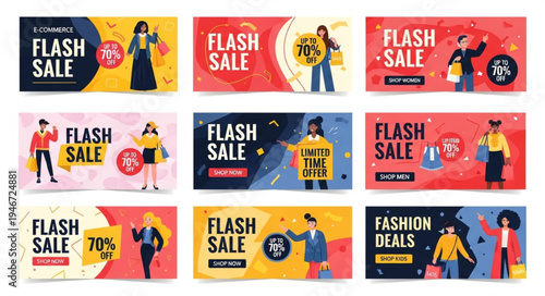 Collection of Flash Sale Banners with Fashionable Characters.