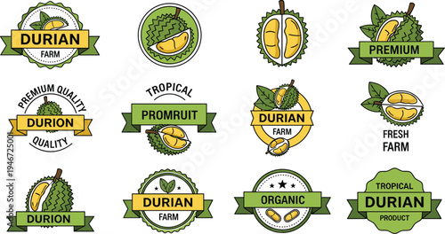 Durian Fruit Farm Badge and Label Set with Tropical King Fruit Icons, Organic Fresh Durian Product Packaging Emblems Vector Illustration Collection