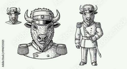 Anthropomorphic Bull in Military Uniform Illustration.