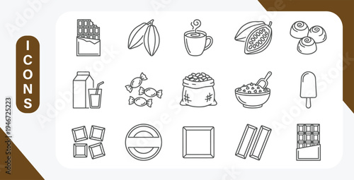 Chocolate and cocoa industry line icon set with cacao outline vector signs and symbols.