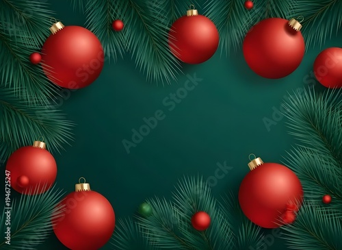 Festive Christmas background with pine branches and bright red ornaments on a deep green backdrop. Elegant holiday decoration with copy space for seasonal designs.