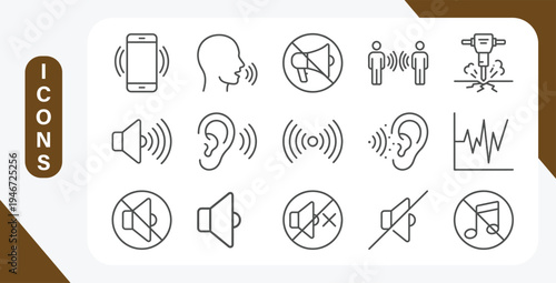 Noise and sound pollution line icon set with loud sound and echo outline vector symbols.