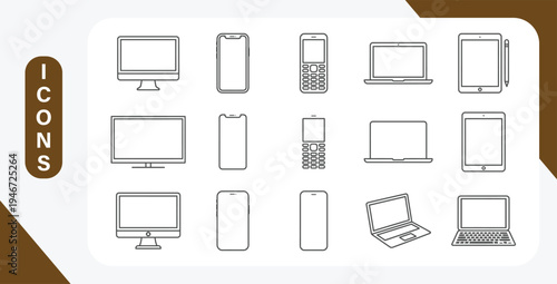Electronic devices line icon set with computers, laptops, tablets and mobile phones outline vector symbols.