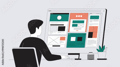 A man sitting at a desk working on a computer with a large monitor displaying a website design layout.