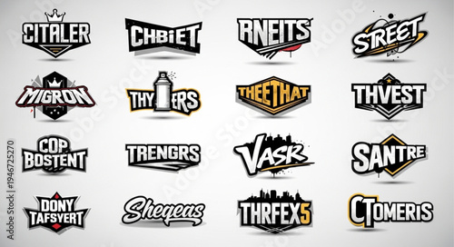Collection of urban-themed logos with graffiti-style fonts and edgy designs, perfect for streetwear brands or creative projects.