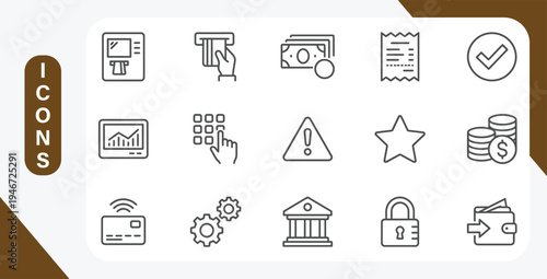 Banking and Finance Line Icon Set - Online Payment, ATM, Wallet, and Financial Transaction Vector Elements.