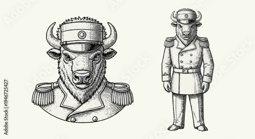 Anthropomorphic Bull Wearing Military Uniform and Hat.