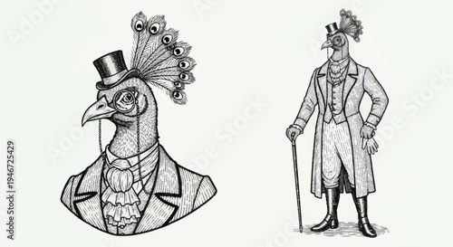 Anthropomorphic Peacock Dressed in Victorian Gentleman Attire.