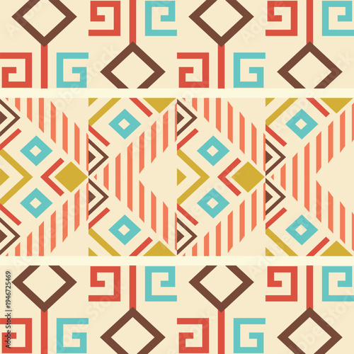 Seamless geometric tribal pattern with colorful diamond shapes, stripes, and abstract motifs in retro tones. Decorative repeating design ideal for textiles, wallpaper, packaging, backgrounds, and surf