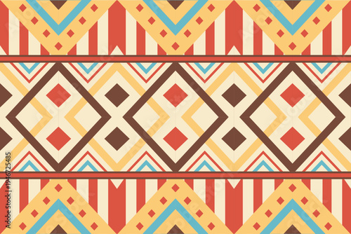 Seamless geometric tribal pattern with colorful diamond shapes, stripes, and abstract motifs in retro tones. Decorative repeating design ideal for textiles, wallpaper, packaging, backgrounds, and surf