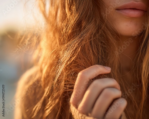 woman touching dry sun damaged hair ends while standing outdoors under summer sunlight