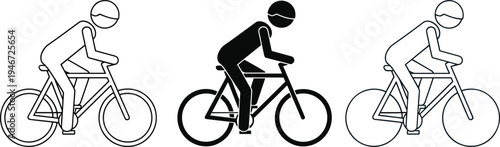 Cyclist riding bicycle icon set, cycling sport silhouette collection, road bike rider symbols, fitness transportation concept, active lifestyle illustration