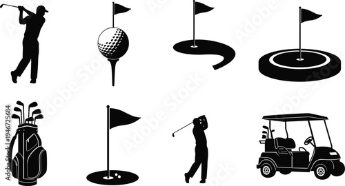 Golf sport icons set, golfer swing silhouette, golf ball tee flag hole bag and cart symbols, golfing equipment illustration