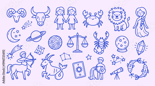 Zodiac astrology doodle collection with clean outline line drawing. Aries, Taurus, Gemini, Libra scales, crystal ball, telescope, constellation. Cute celestial horoscope elements for coloring pages.