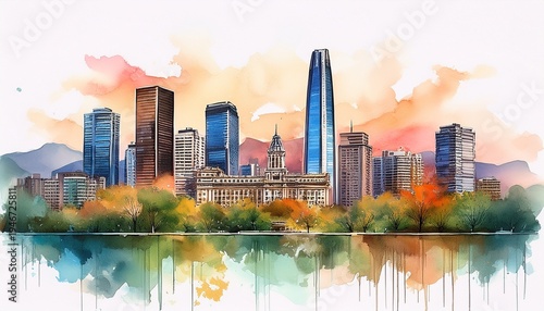 watercolor santiago chile downtown skyline