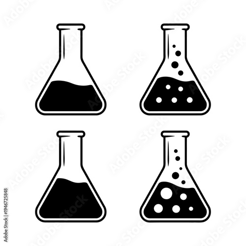 Four black and white illustrations of conical flasks with liquids and bubbles  science lab equipment