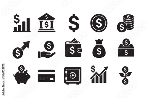 Collection of simple icons representing financial concepts and money management.