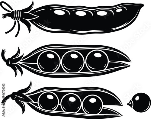 PrintBlack and white vector illustration of pea pods with green peas inside isolated on a clean white background