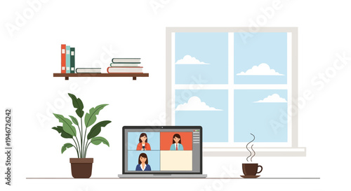 Online Video Meeting Remote Work From Home Office Window Background Vector Illustration