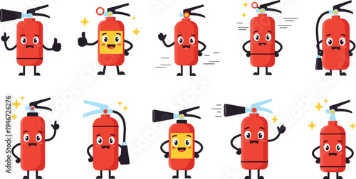 Cartoon Fire Extinguisher with Different Poses and Expressions for Fun, Safety, and Emergency Designs