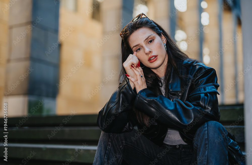 Fototapeta premium A young girl wearing a black leather jacket sits on outdoor stairs looking at the camera. Urban portrait captures a contemplative, casual fashion moment with natural expression.