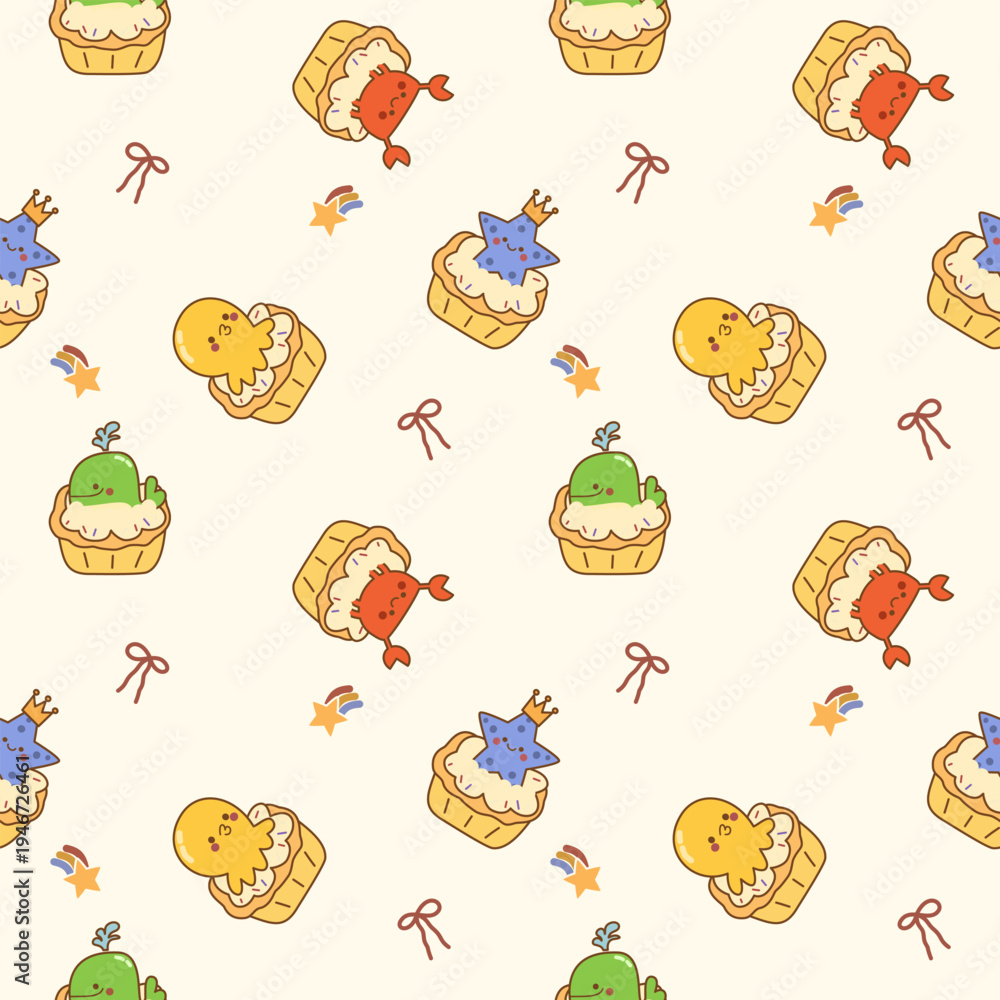 Fototapeta premium Cupcake animals cartoon so cute. On squid starfish whale crab bow star rainbow background. Pattern seamless vector illustration