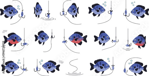 Cartoon Fish Biting on a Fishing Hook with Bubbles and Water Ripples in Fun Illustration