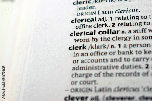 Obraz na plátně Detail Of English Dictionary Page And Word Pronunciation Of - clerical coller