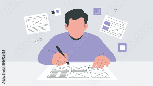 A man in a purple shirt is designing email templates at a desk with a pen and paper.