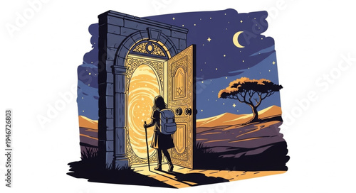 Person Walking Through Ornate Doorway into Night Landscape.