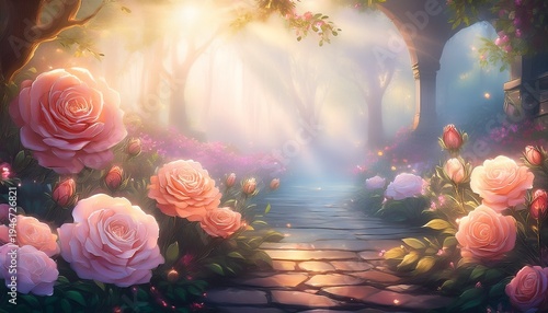 enchanted floral scenery with blossoming roses and a soft ethereal backdrop