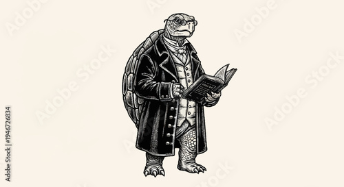 Anthropomorphic Turtle Dressed in Victorian Gentleman Attire Reading a Book.