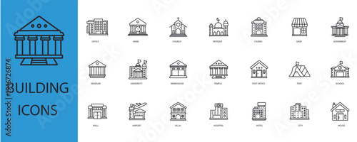 building icons set outline and Flat Style,transparent background