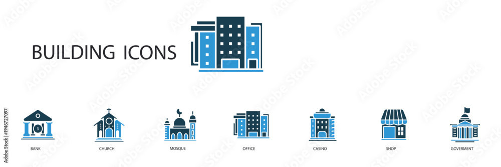 Naklejka premium building icons set outline and Flat Style,transparent background
