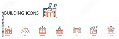 building icons set outline and Flat Style,transparent background