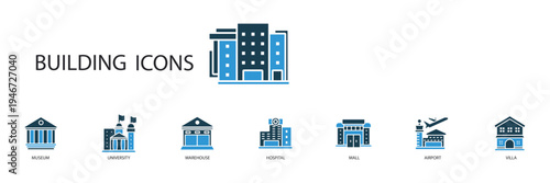 building icons set outline and Flat Style,transparent background