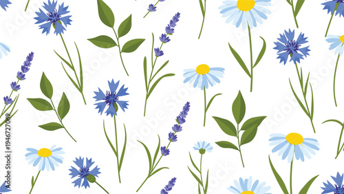Vibrant seamless pattern with blue cornflowers, purple lavender, and white daisies on a white background for summer textiles.