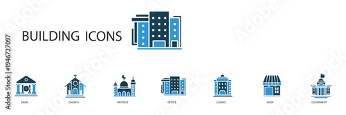 building icons set outline and Flat Style,transparent background