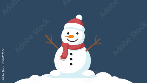 Friendly snowman wearing a red hat and scarf standing on a snow hill against a dark blue winter night sky background.