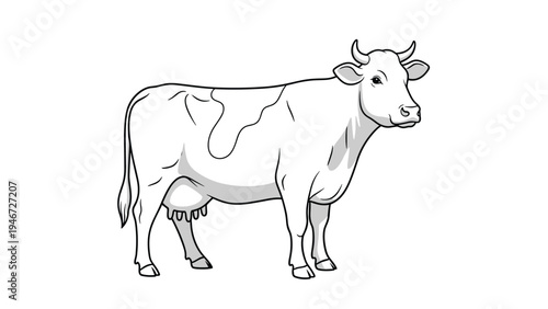 Minimalist line art drawing of a dairy cow showing its profile and spots for use as a coloring page or simple icon.