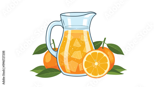 Glass pitcher filled with iced orange juice surrounded by fresh whole oranges and a sliced citrus fruit with leaves.