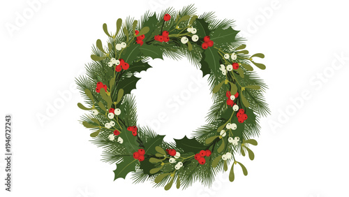 Festive Christmas wreath made of evergreen pine needles holly berries and mistletoe for holiday season decorations.