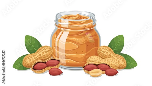 Open glass jar filled with smooth peanut butter surrounded by whole peanuts and green leaves on a white background.