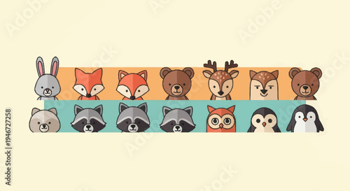 Collection of Cute Cartoon Forest Animal Faces in Rows.