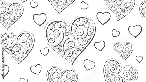 Seamless pattern of decorative heart shapes with ornate swirl patterns in black and white for romantic backgrounds.