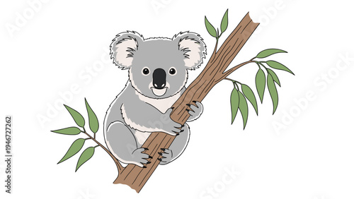 Adorable koala bear clinging to a eucalyptus tree branch with green leaves in its natural Australian habitat setting.