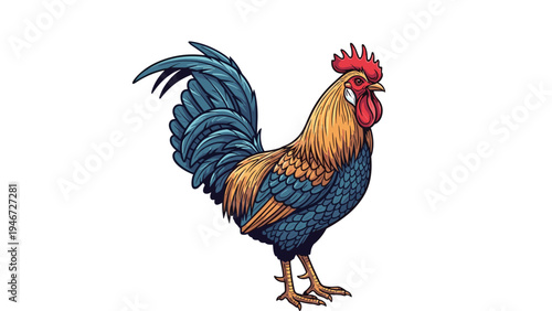 Vibrant illustration shows a proud rooster standing with multi-colored feathers in shades of blue, orange, and red.